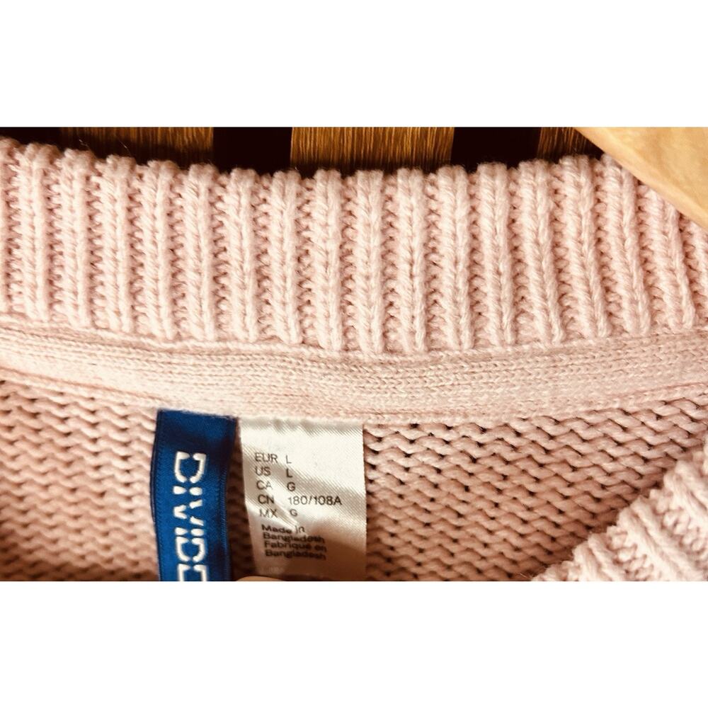 H&M Light Pink Long-Sleeved Sweater in Rib-Knit Cotton with V-Neck Womens Size L - Picture 5 of 9